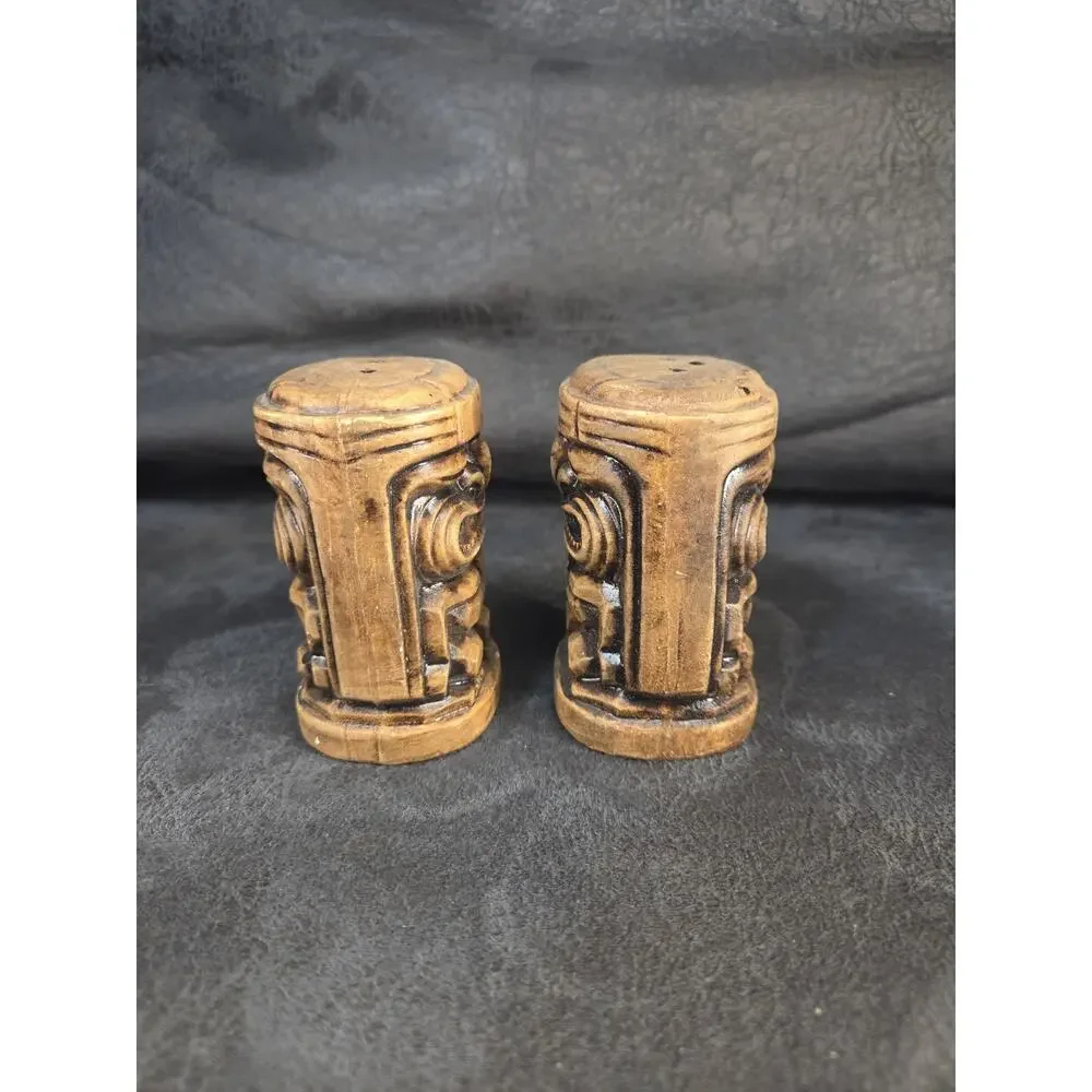 Vintage Tiki God Salt & Pepper Shakers Set Ceramic Faux Wood Style Made in Japan